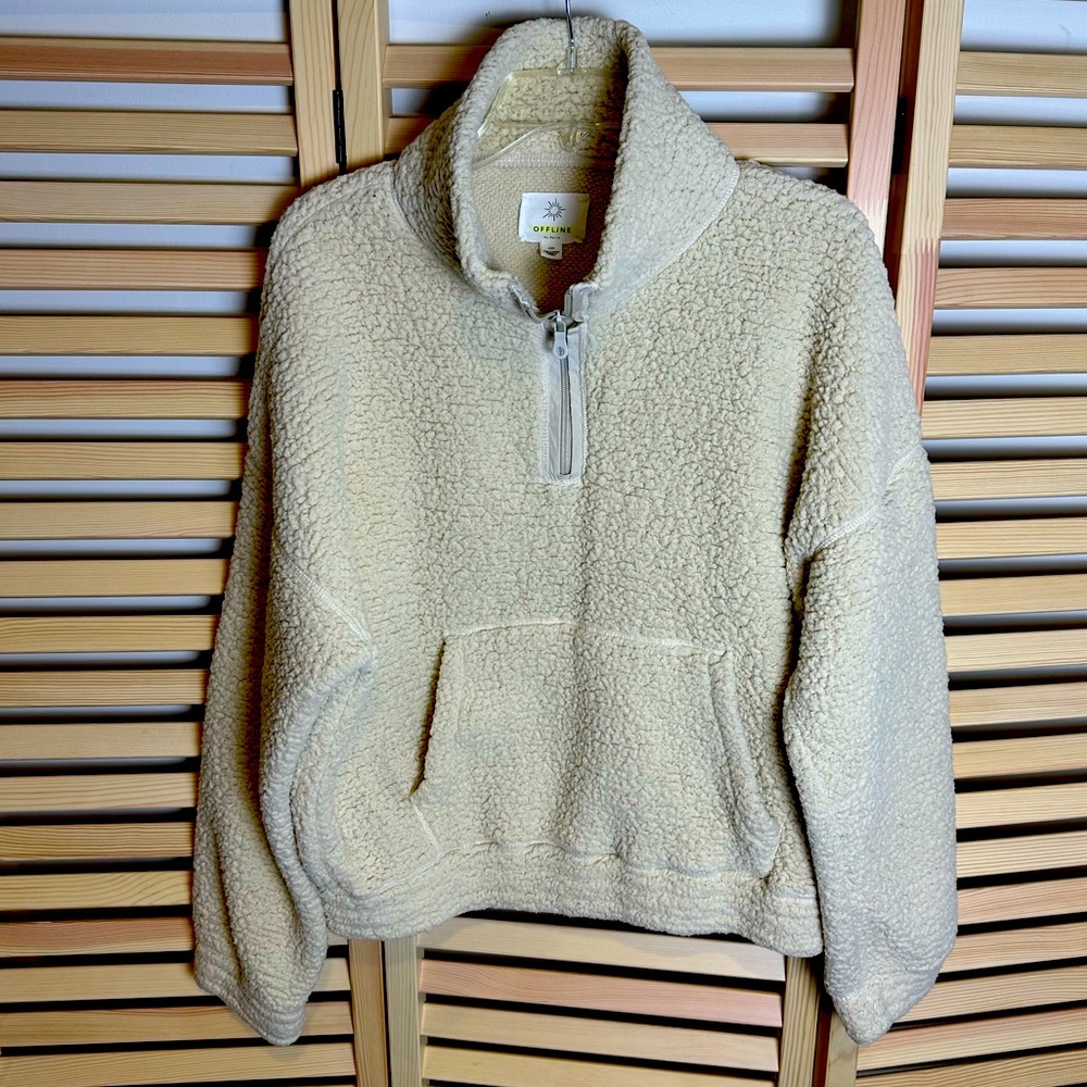 Aerie OFFLINE 1/4 Zip Sherpa Kangaroo Pocket Jacket, Cream | Sz LG